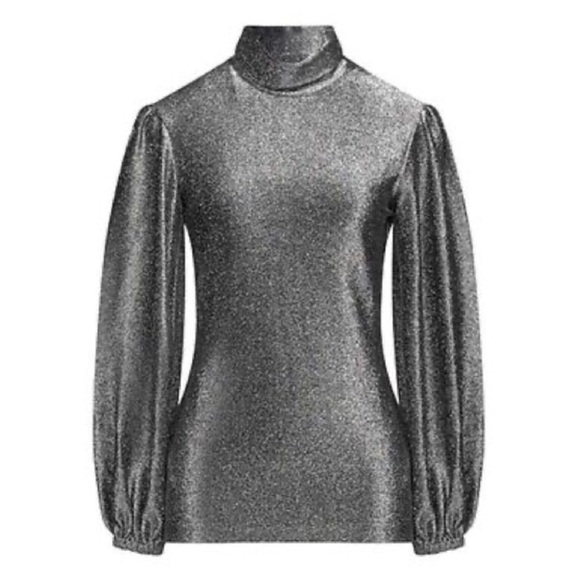 Ganni Lurex Jersey Silver Metallic Long Puff Sleeve Turtleneck Jumper Top - Picture 2 of 10
